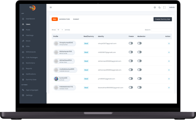 Clapper clone admin user management panel for viewing users, moderators, dummy accounts, and account controls