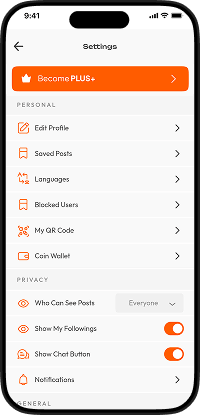 Clapper clone app settings screen with privacy controls, notifications, language, and profile options