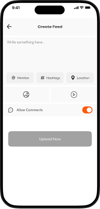 Clapper clone create post screen with hashtags, mentions, location tags, comments, and media upload options