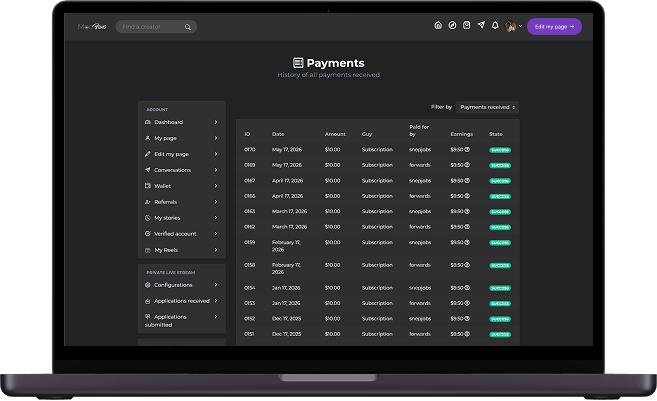 Fancentro clone creator payments screen