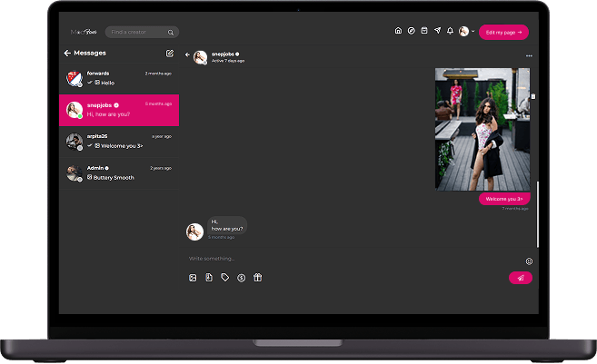 LoyalFans clone creator messaging screen for private conversations, media sharing, and subscriber communication