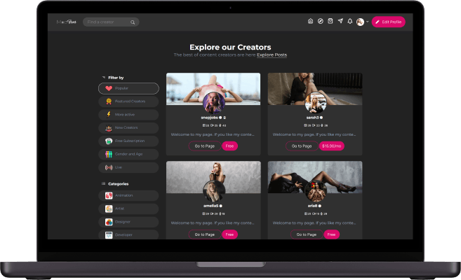 LoyalFans clone creator panel explore screen featuring creator profiles, search filters, categories, and content discovery