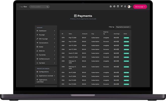 LoyalFans clone creator payments screen displaying transaction history, subscription payments, earnings, and payment status