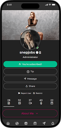 LoyalFans clone creator profile screen with subscription button, tipping, messaging, and creator information