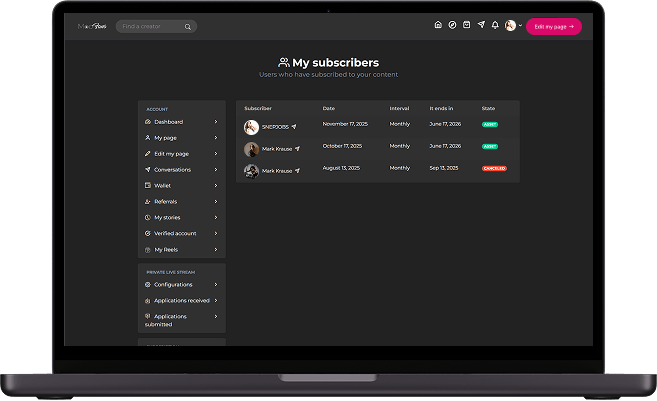 LoyalFans clone creator subscribers screen showing active subscribers, subscription plans, renewal dates, and account status