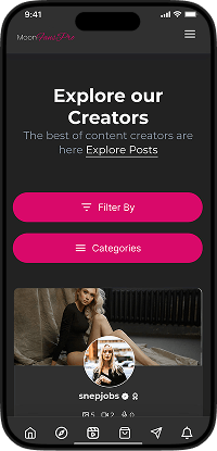 LoyalFans clone explore creators screen with search filters, categories, and featured creator profiles
