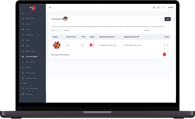 RedNote clone coin packages management screen