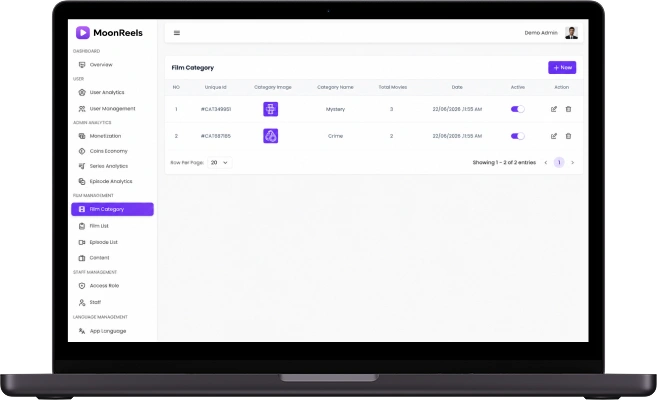 DramaBox clone admin panel film categories screen for creating, editing, and managing short drama genres and categories