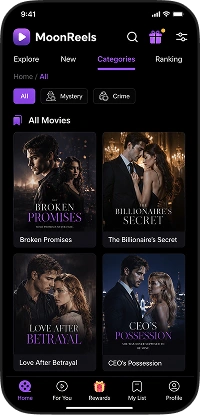 DramaBox clone app categories screen displaying mystery, crime, romance, and other short drama genres