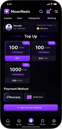 DramaBox clone app coin recharge screen with top-up plans