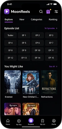 DramaBox clone app episode list screen with trailer and episode selection
