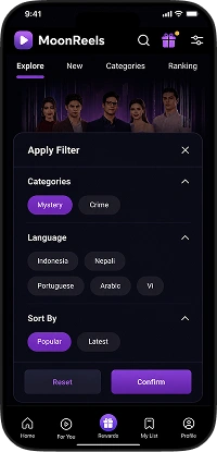 DramaBox clone app filter screen for browsing short dramas by category