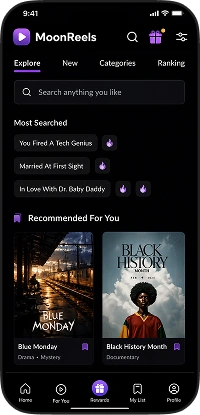 DramaBox clone app search screen with trending searches and recommended short drama titles
