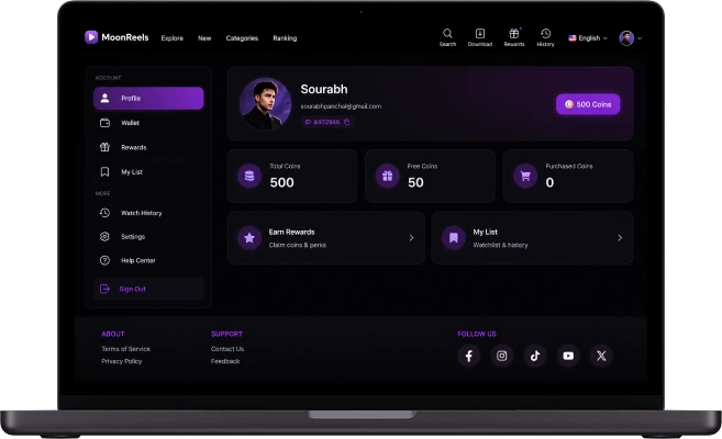 DramaBox clone web app profile dashboard screen with wallet balance and rewards