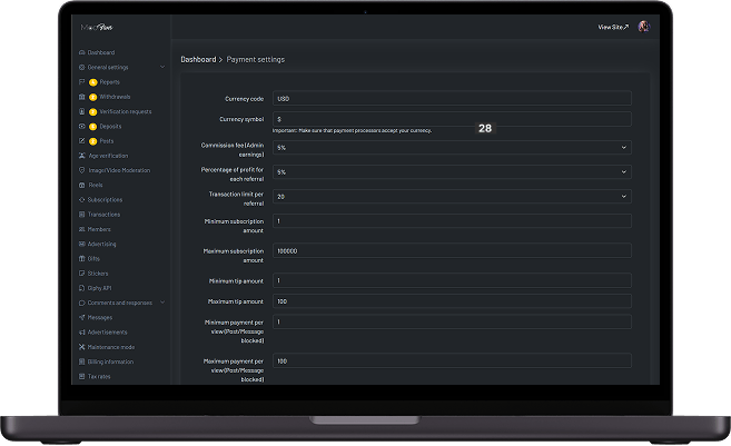 JustForFans clone admin panel payment settings screen showing currency, commission rates, transaction fees, subscription limits