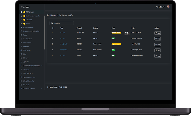 JustForFans clone admin panel withdrawals screen showing creator withdrawal requests