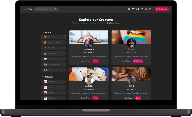 JustForFans clone creator platform creator discovery screen showing creator profiles, filters, categories, subscription options, and listings