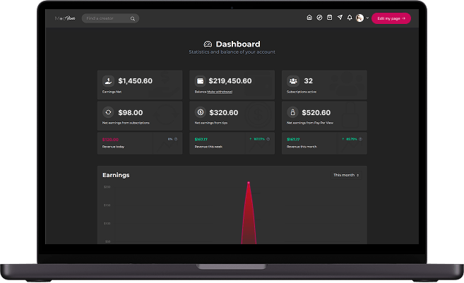 JustForFans clone creator platform dashboard screen showing earnings, account balance, subscriptions