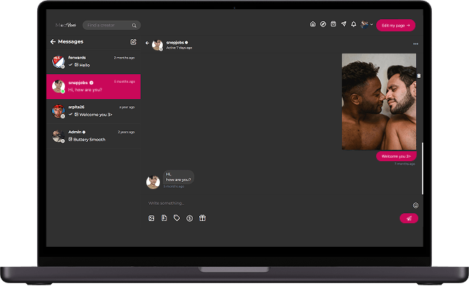 JustForFans clone creator platform messages screen showing creator conversations, private messages, shared content