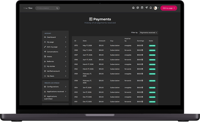 JustForFans clone creator platform payments screen showing payment history, subscription transactions, creator earnings, and payment status