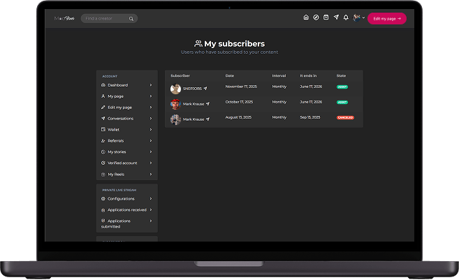 JustForFans clone creator platform subscribers screen showing subscriber names, subscription dates, billing intervals