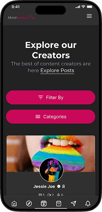 JustForFans clone user app creator discovery screen showing profiles, category filters, and creator listings