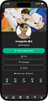 JustForFans clone user app creator profile screen showing subscription status, tipping, messaging