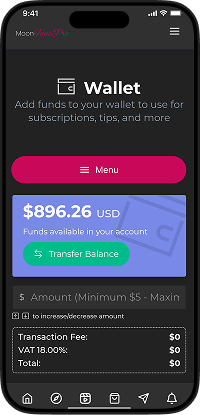 JustForFans clone user app wallet screen showing available balance, fund transfer and wallet transactions