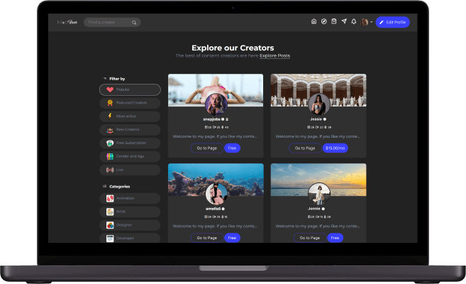 MYM clone creator platform creator discovery screen showing creator profiles, content categories, filters, subscription options, and creator listings