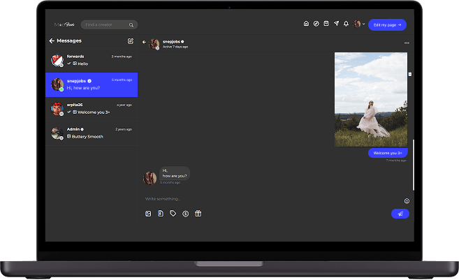 MYM clone creator platform messages screen showing creator conversations, private messages, shared media, message composition, and chat interactions