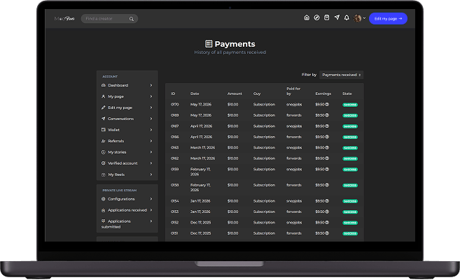 MYM clone creator platform payments screen showing payment history, subscription transactions, creator earnings