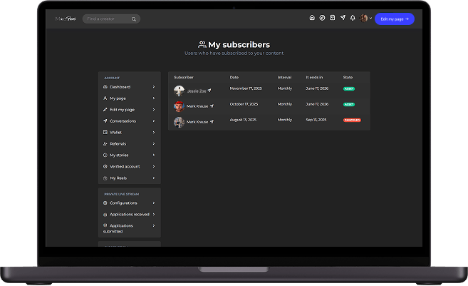 MYM clone creator platform subscribers screen showing subscriber accounts, subscription dates, billing intervals