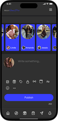 MYM clone fan app content publishing screen showing creator stories, post composer, media attachments