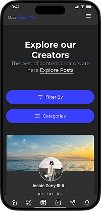 MYM clone fan app creator discovery screen showing creator profiles, content categories, filtering options
