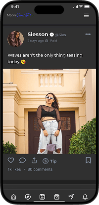 MYM clone fan app post screen showing creator content, paid post status, image media, likes, comments, tips