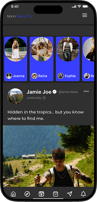 MYM clone fan app social feed screen showing creator stories, user posts, image content