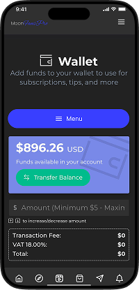 MYM clone fan app wallet screen showing account balance