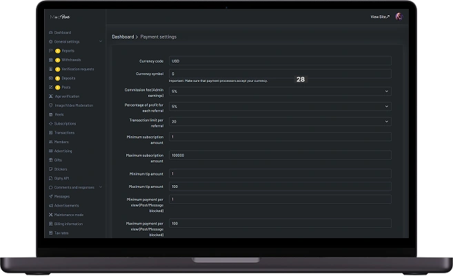 ManyVids clone admin panel payment settings screen showing currency, commission rates, transaction fees