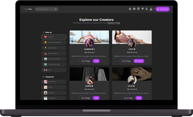 ManyVids clone creator panel creator discovery screen showing creator profiles, filters