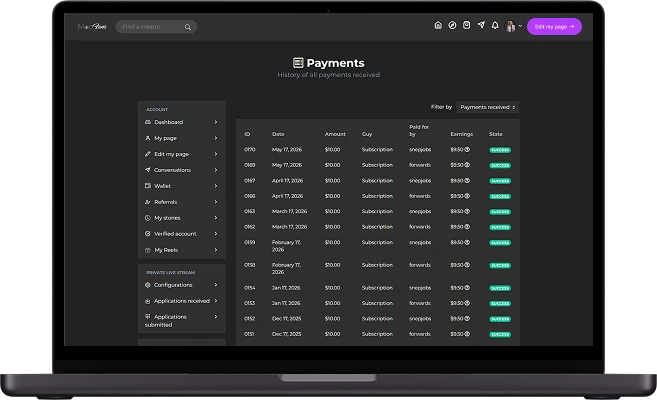 ManyVids clone creator panel payments screen showing payment history, subscription transactions, creator earnings, and payment status
