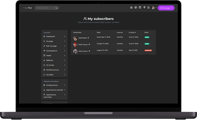 ManyVids clone creator panel subscribers screen showing subscriber accounts, subscription dates, billing intervals