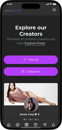 ManyVids clone fan app creator discovery screen showing creator profiles, filters, categories, and subscription options