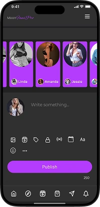 ManyVids clone fan app home screen with creator stories, post publishing, and navigation