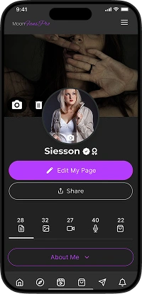 ManyVids clone fan app user profile screen showing profile editing, sharing, creator statistics, and about section